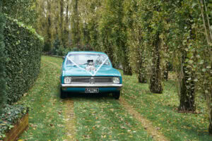 Vintage blue car parked on a grassy path surrounded by trees and greenery.